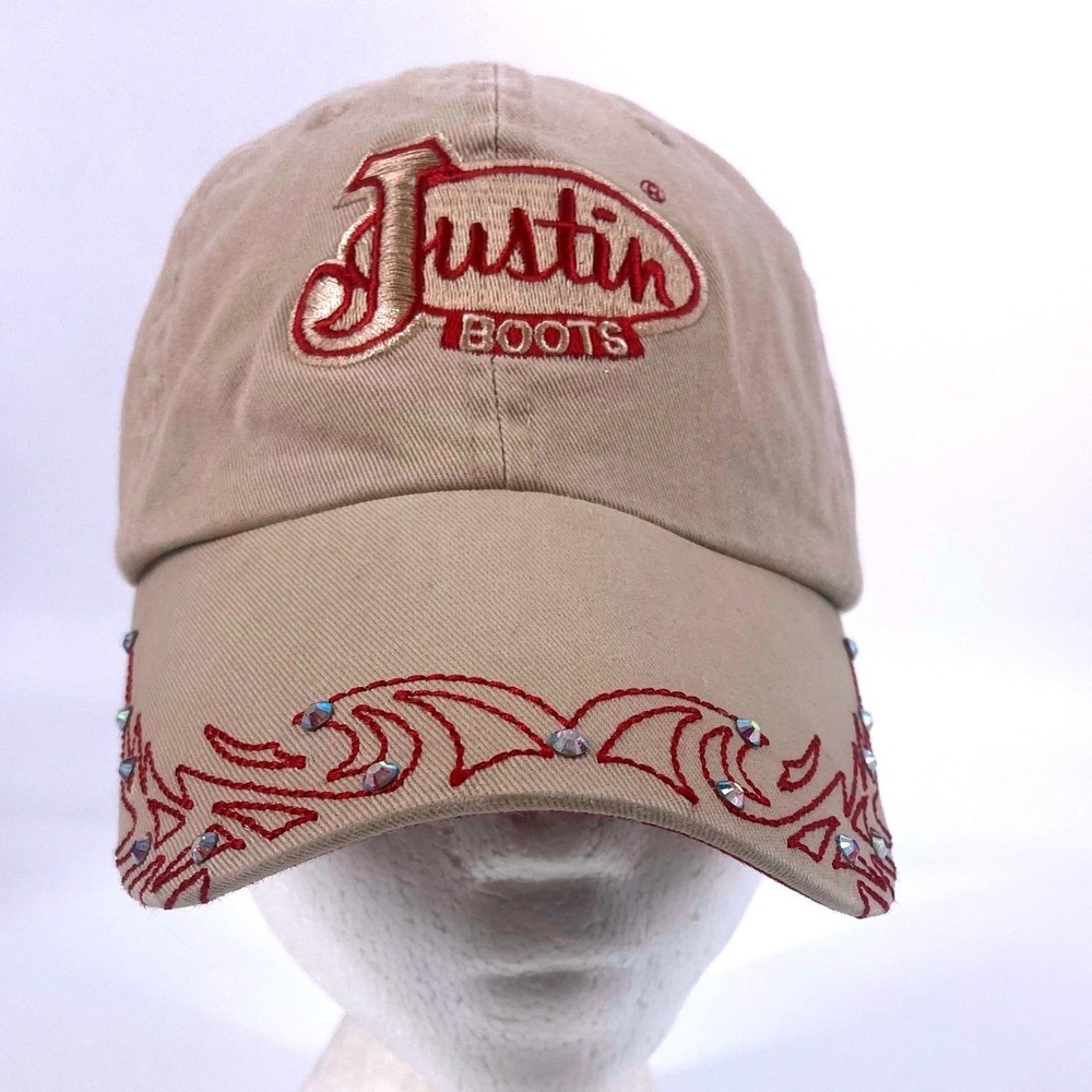 Justin Boots Tan/Orange Embroidery Rhinestone Western Adjustable Baseball Hat
